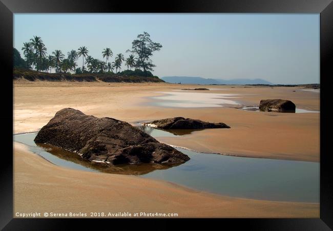 Rocks and Pools on Sandy Beach, Goa Framed Print by Serena Bowles