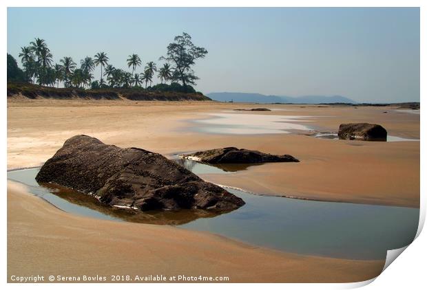Rocks and Pools on Sandy Beach, Goa Print by Serena Bowles