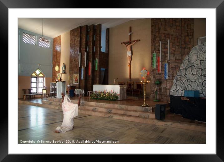Praying Woman in Keralan Church, India Framed Mounted Print by Serena Bowles