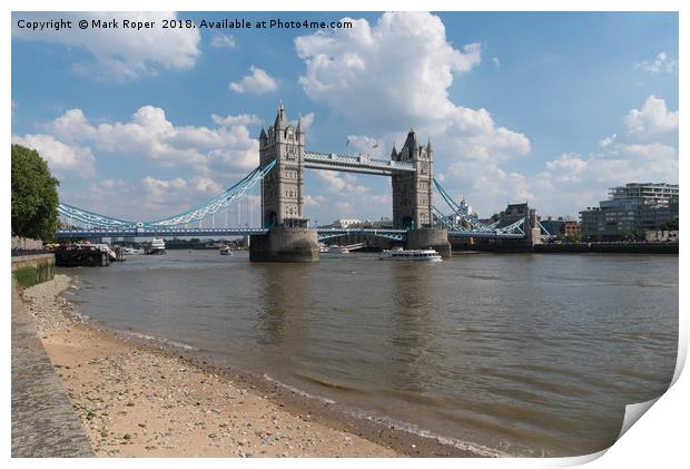 Tower Bridge in London with Thames shoreline Print by Mark Roper