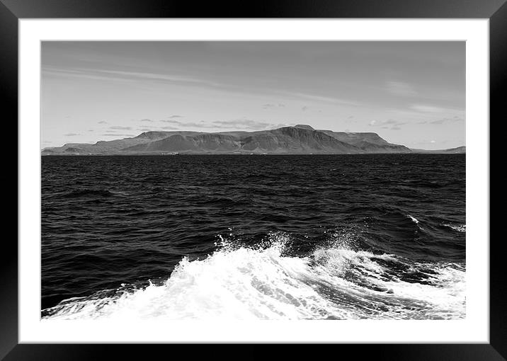 Ocean waves and Esja mountain range near Reykjavik Framed Mounted Print by Linda More