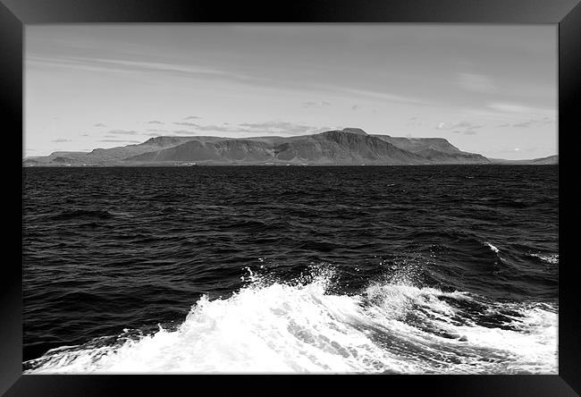 Ocean waves and Esja mountain range near Reykjavik Framed Print by Linda More