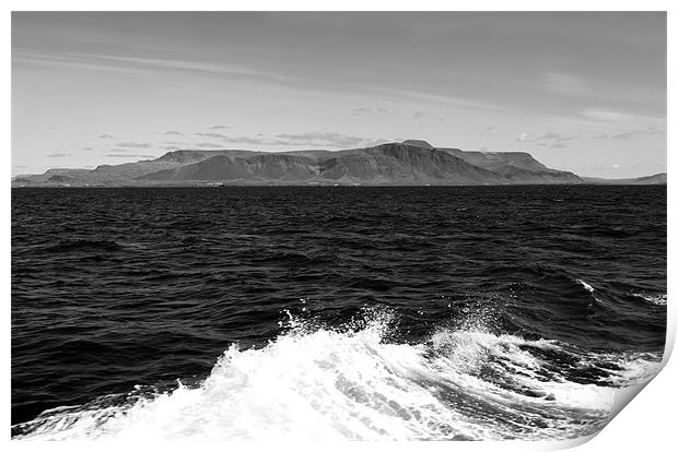 Ocean waves and Esja mountain range near Reykjavik Print by Linda More