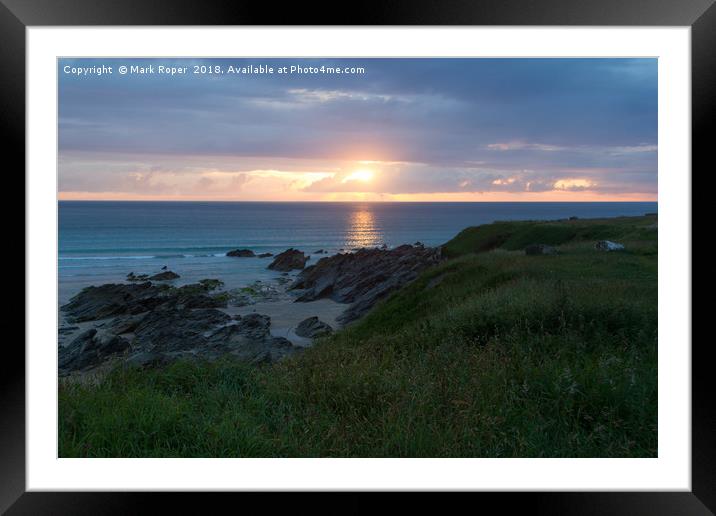 Fistral Beach, Newquay - Sunset With Rocks Framed Mounted Print by Mark Roper