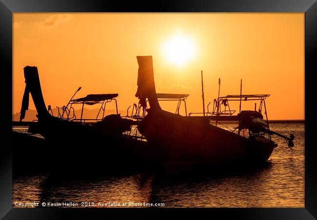 Silhouettes of long tail fishing boats, Pak Meng,  Framed Print by Kevin Hellon