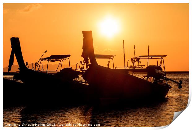 Silhouettes of long tail fishing boats, Pak Meng,  Print by Kevin Hellon