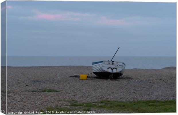 Fishing boat on Aldeburgh shingle beach at sunset Canvas Print by Mark Roper