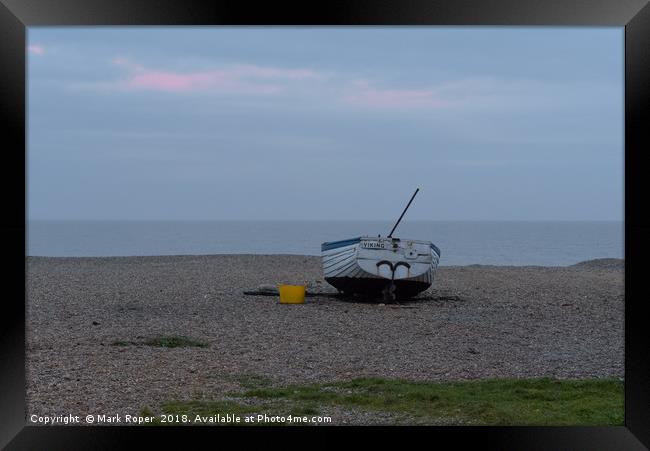 Fishing boat on Aldeburgh shingle beach at sunset Framed Print by Mark Roper