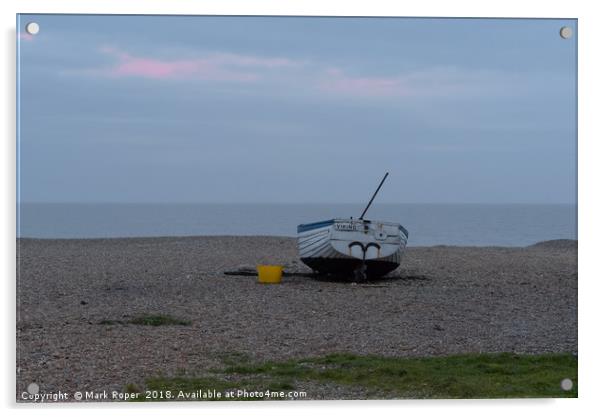 Fishing boat on Aldeburgh shingle beach at sunset Acrylic by Mark Roper