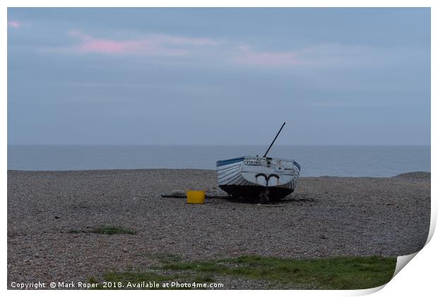 Fishing boat on Aldeburgh shingle beach at sunset Print by Mark Roper