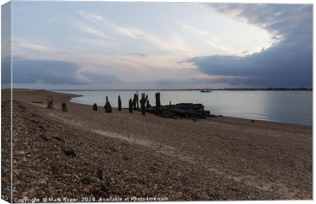 River Orwell sunset from Felixstowe with groyne Canvas Print by Mark Roper