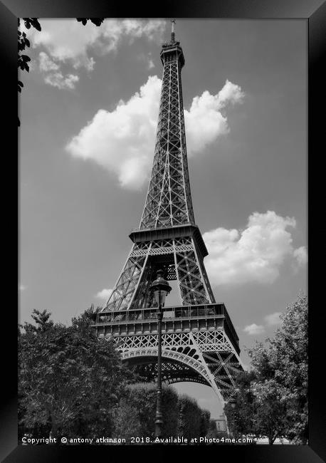 Eiffel Tower Paris in Black and White Framed Print by Antony Atkinson