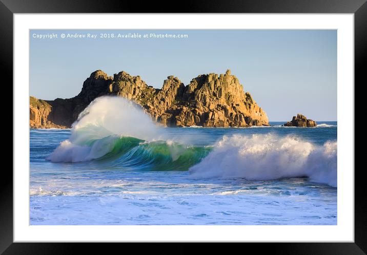 Wave at Porthcurno Framed Mounted Print by Andrew Ray
