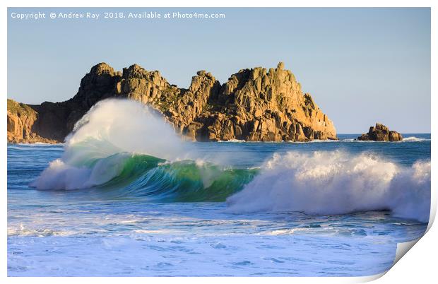 Wave at Porthcurno Print by Andrew Ray