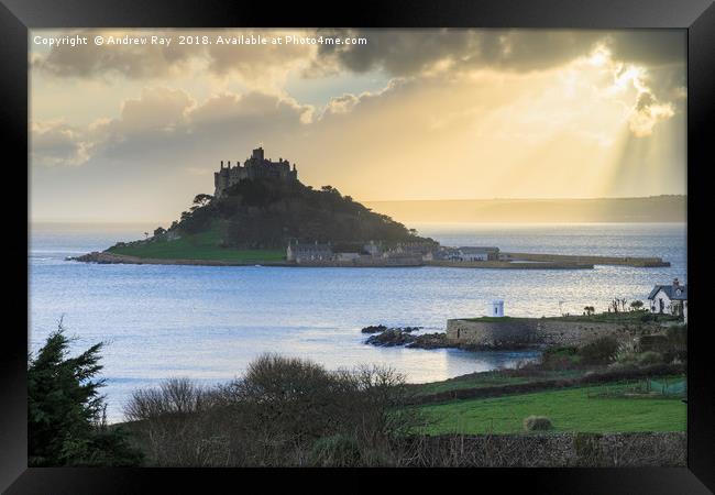 Shafts of light  (St Michael's Mount). Framed Print by Andrew Ray