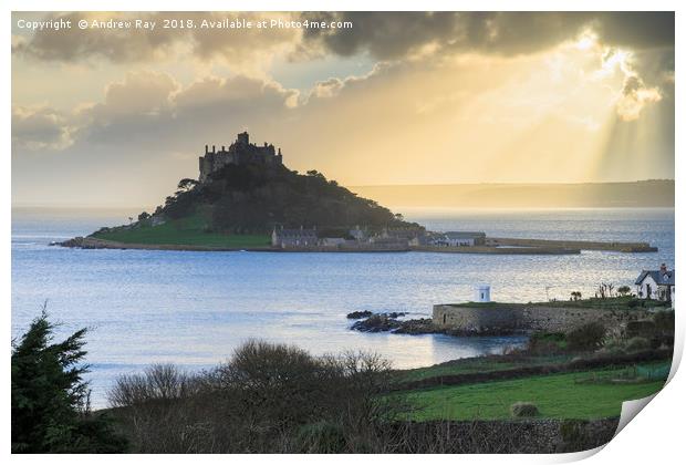 Shafts of light  (St Michael's Mount). Print by Andrew Ray
