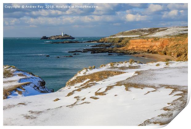 Snow at Godrevy Print by Andrew Ray