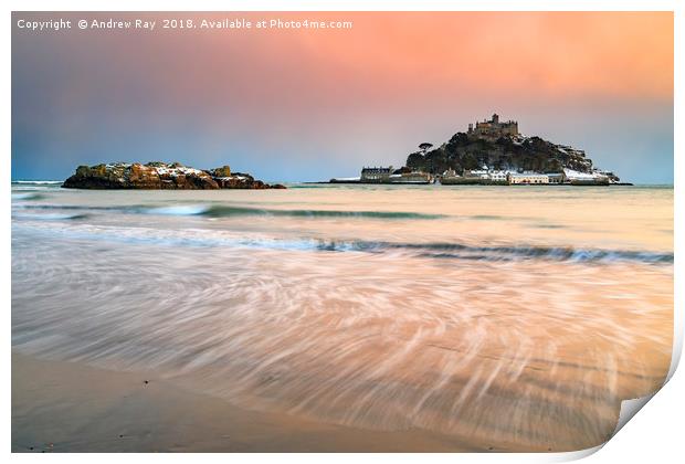 Snowy Evening (St Michael's Mount) Print by Andrew Ray