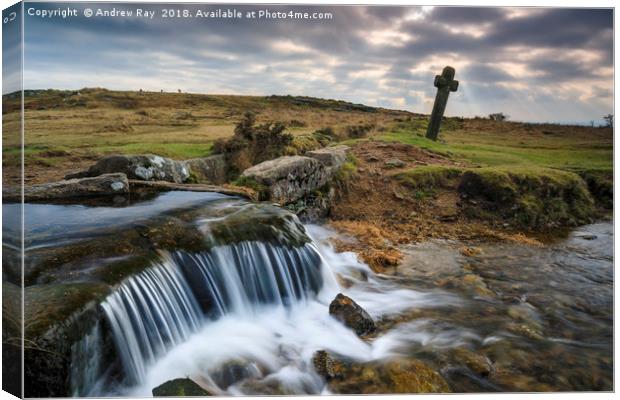Shafts of light over Windy Post (Dartmoor) Canvas Print by Andrew Ray