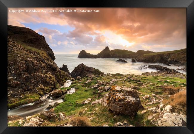 Sunset over Kynance Cove Framed Print by Andrew Ray