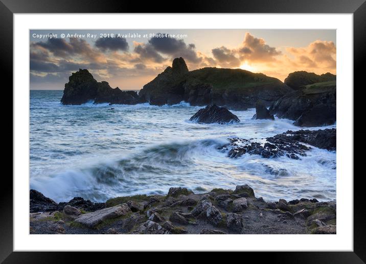 The Setting Sun at Kynance Cove Framed Mounted Print by Andrew Ray