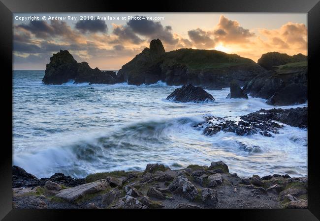 The Setting Sun at Kynance Cove Framed Print by Andrew Ray