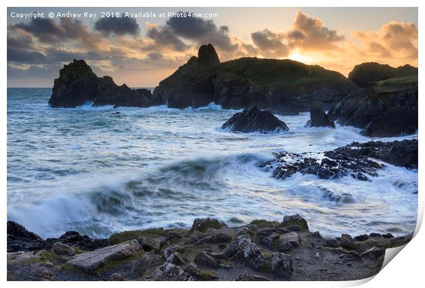 The Setting Sun at Kynance Cove Print by Andrew Ray