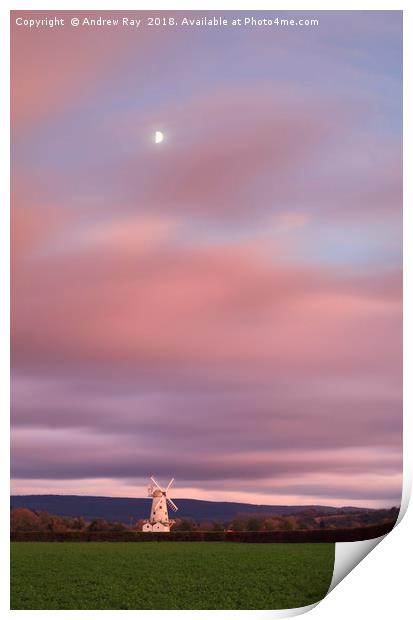 The moon at sunset (Llancayo Windmill) Print by Andrew Ray