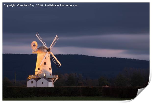 Twilight at Llancayo Windmill Print by Andrew Ray