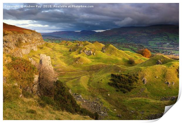 First Light on the Llangottack Escarpment Print by Andrew Ray