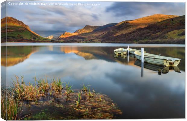Boats and reflections (Llyn Nantlle) Canvas Print by Andrew Ray