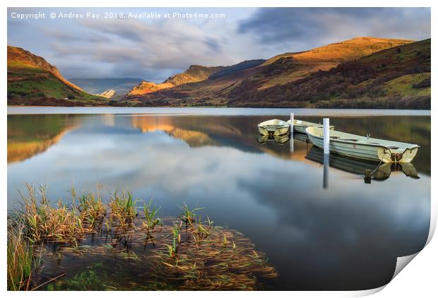 Boats and reflections (Llyn Nantlle) Print by Andrew Ray