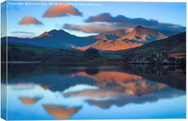 Snowdon reflections (Llyn Mymbyr) Canvas Print by Andrew Ray