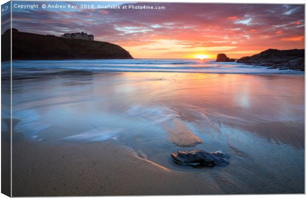 Sunset and reflections (Poldhu Cove) Canvas Print by Andrew Ray