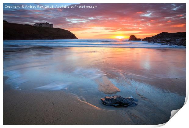 Sunset and reflections (Poldhu Cove) Print by Andrew Ray