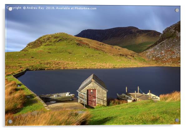 Boat house (Llyn Dywarchen) Acrylic by Andrew Ray