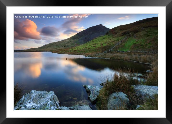 Llyn Dywarchen at sunset Framed Mounted Print by Andrew Ray