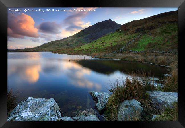 Llyn Dywarchen at sunset Framed Print by Andrew Ray