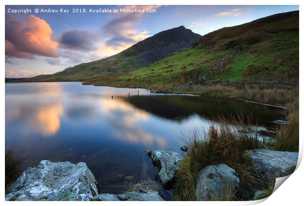 Llyn Dywarchen at sunset Print by Andrew Ray