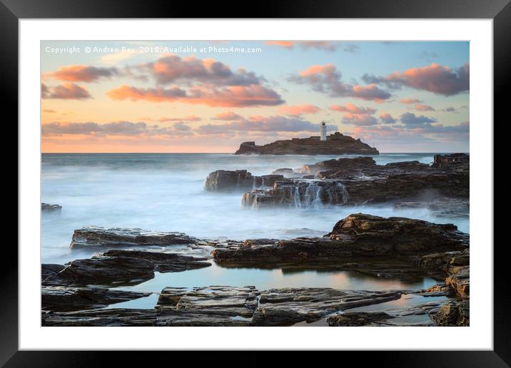Godrevy Lighthouse at sunset Framed Mounted Print by Andrew Ray