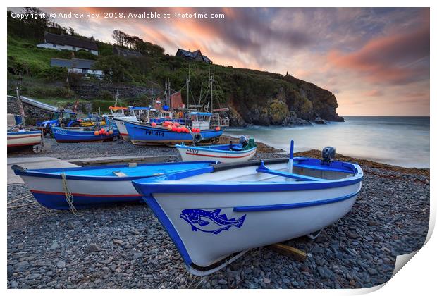 Boats at Sunrise (Cadgwith) Print by Andrew Ray