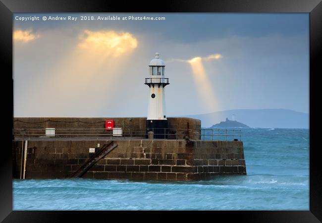 Light Shafts over Smeaton's Lighthouse (St Ives) Framed Print by Andrew Ray