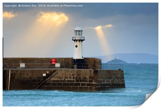 Light Shafts over Smeaton's Lighthouse (St Ives) Print by Andrew Ray