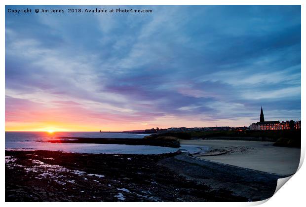 Early morning blues at Cullercoats Print by Jim Jones