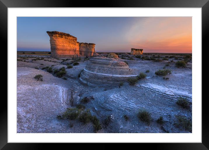 Monument Rocks. sunset in the desert Framed Mounted Print by John Finney