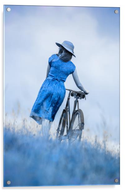 woman with bicycle in field Acrylic by Maggie McCall