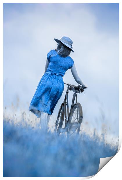 woman with bicycle in field Print by Maggie McCall
