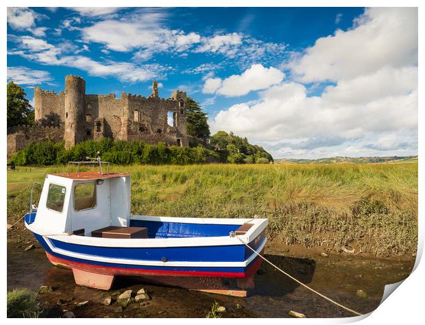 Laugharne Castle and a Fishing Boat.  Print by Colin Allen