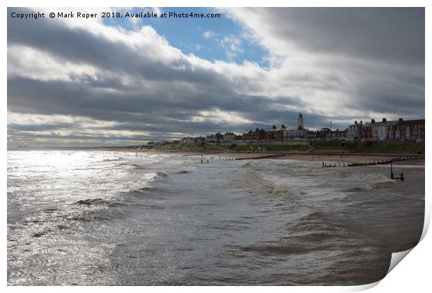Southwold Seafront with Bright Sun, Big Waves and  Print by Mark Roper