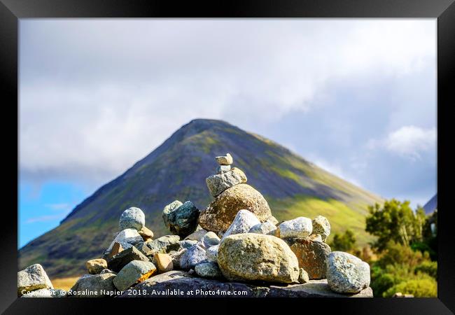 Stone cairn and Glamaig Framed Print by Rosaline Napier